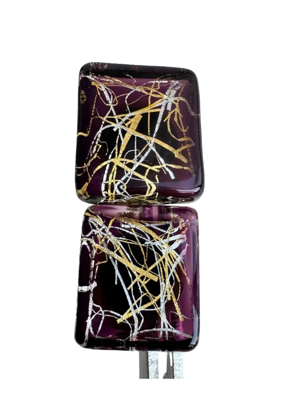 Vintage Purple Art Glass Cufflinks Gold Silver Foil Chunky Square Modernist Gift